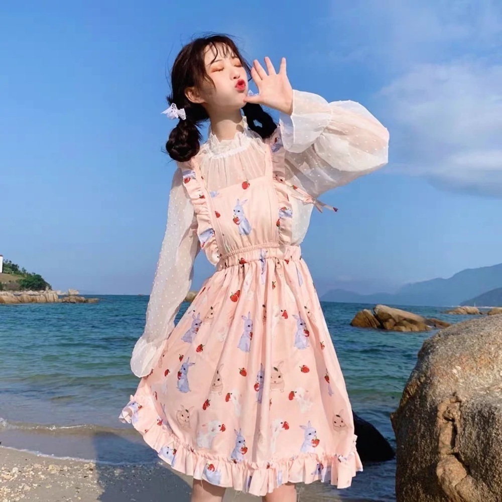 Pink Kawaii Halloween Cosplay Bunny Strawberry Harajuku Apron Dress Ruffle S